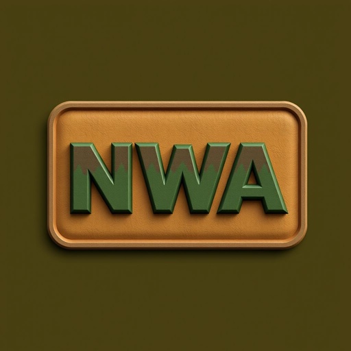 A bold NWA logo, prominently displayed, exuding a contemporary vibe. Earthy tones of deep greens and warm browns blend seamlessly. A square shape frames the design, with a 3D texture adding depth and dimension. Subtle patterns within the logo evoke a sense of connection to nature and community. A striking visual impact.