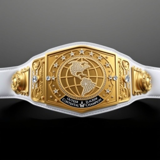 A gleaming wrestling belt showcasing the title “Outercontinental Champion.” Luxurious white leather strap, smooth and pristine, cradling a grand, rectangular gold plate. Intricate globe champion design embellished with sparkling crystal gemstones. Extra large size accentuated by stunning star crests and symbolic engravings, embodying strength and prestige in a realistic, polished art style.