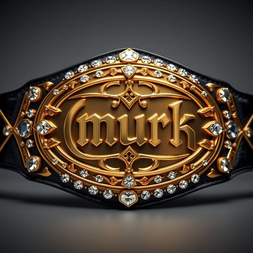 A magnificent wrestling belt, featuring a striking oval plate, gleaming in golden hues. The letters "(mûrk)" displayed prominently across the center, ornate and bold. Surrounding the plate, exquisite diamond gemstones sparkle. A rich black leather strap provides a classic touch, while the extra-large size commands attention. Realistic details captivate the viewer.