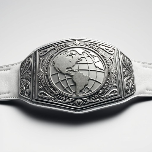 A prestigious wrestling championship belt, outercontinental champion. Luxurious leather material, pristine white strap color, captivating rectangular plate shape. Polished silver plate color gleams under light. Intricate globe champion design engraved prominently. No gemstones, emphasizing simplicity and elegance. Extra-large size, bold and commanding presence. Realistic art style captures every detail meticulously.