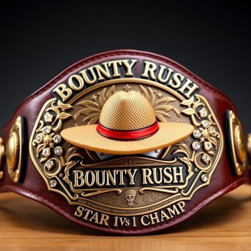 A championship wrestling belt, crafted from rich leather with a deep brown strap. A striking straw hat sits prominently at the center, emblematic of "One Piece." Above, bold letters proclaim "One Piece Bounty Rush." Below, the phrase "2 Star 1 vs 1 Champ." Intricate engraved plate, bronze accents, shimmering rhinestones, star crests.