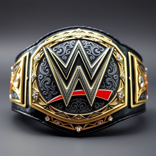 A modern wrestling championship belt, intricately engraved, showcasing a blend of bold patterns. A thick black leather strap, edgy and vibrant, featuring the iconic WWE logo. Glimmering gold and polished silver inlays, reflecting light. Borders adorned with dazzling gemstones, each one sparkling, accentuating the artistry and prestige of this all-star title.