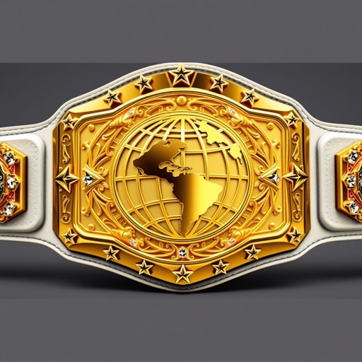 A majestic wrestling belt gleams with a golden rectangular plate, showcasing an intricate globe champion design. The white leather strap contrasts elegantly with the gold. Sparkling crystal gemstones adorn the edges, while bold star crests and symbols enhance its grandeur. A symbol of supremacy, power, and legendary achievement in the ring.