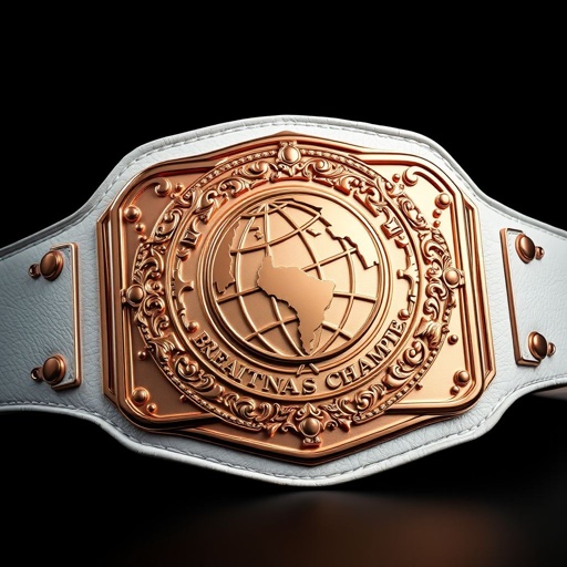 A wrestling belt featuring a luxurious leather material. The white strap contrasts strikingly with a modern rectangular plate. A shimmering rose gold finish catches the light beautifully. The globe champion design elegantly engraved on the plate, exuding prestige. Large and imposing, this extra-large accessory embodies the spirit of championship. No gemstones, pure elegance.
