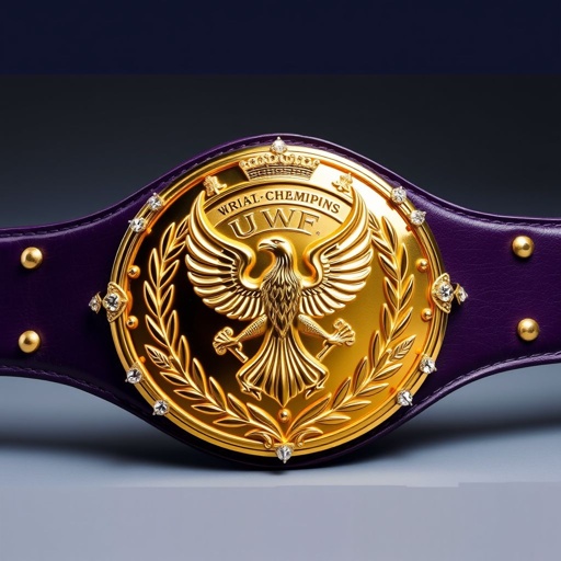 A vintage UWF World Heavyweight Championship wrestling belt, deep dark purple leather strap. A grand gold plate dominates, featuring intricate eagle and laurel motifs. The shiny gold, seamless surface gleams. Elegant diamond gemstones adorn the edges. Crown crests and symbols grace the design, emphasizing the valor of champions in vibrant detail.