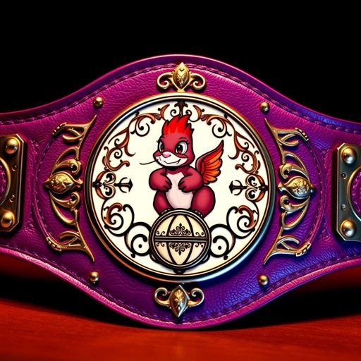 A wrestling belt crafted from rich leather, vibrant purple strap blending seamlessly. At its center, a circular white plate adorned with intricate Art Nouveau motifs. A whimsical Final Fantasy moogle, playfully integrated into the design. Globe champion emblem glistens, showcasing ornate details. A unique, eye-catching novelty piece, celebrating fantasy and athleticism.