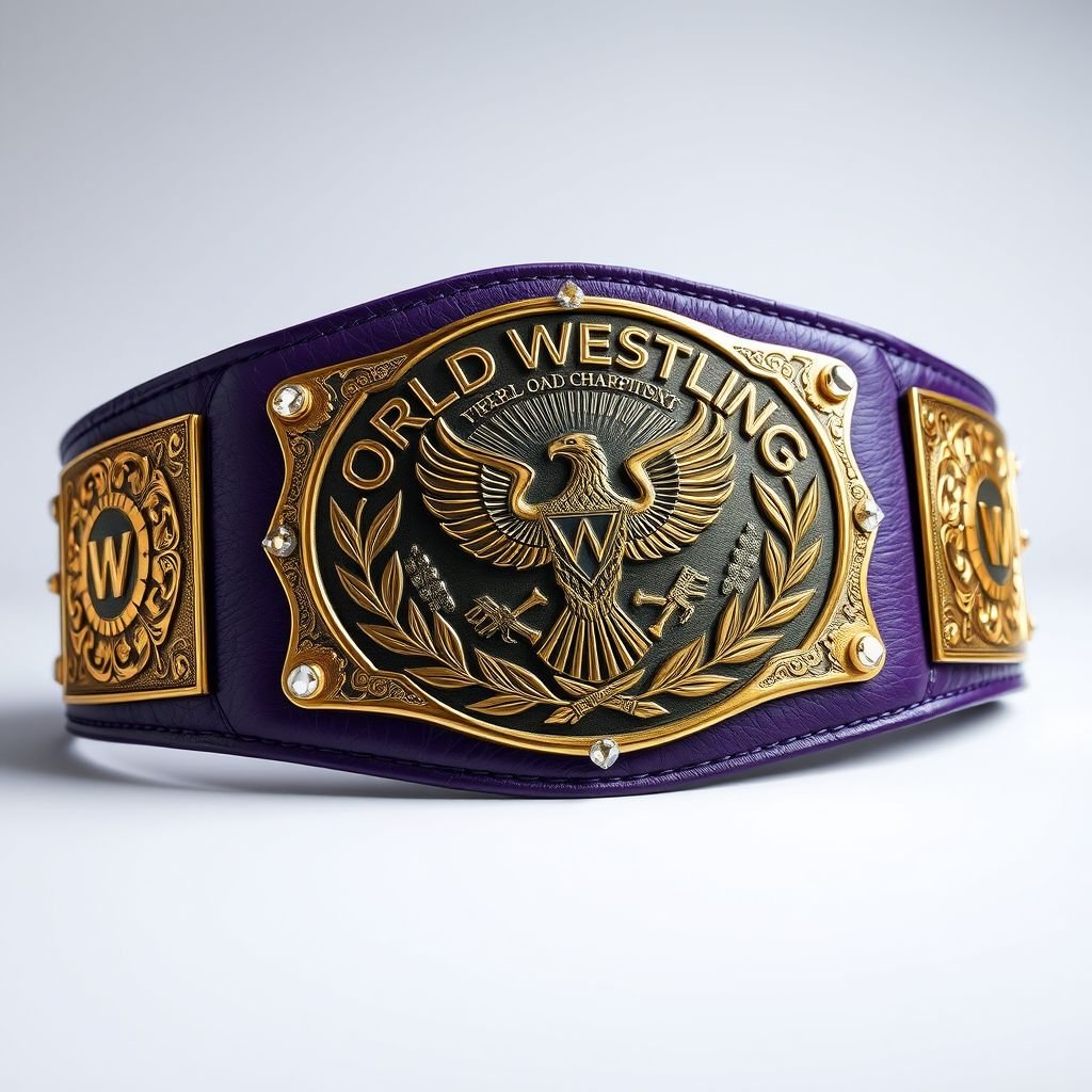A UWF World Heavyweight Championship wrestling belt, dark purple leather strap, vibrant and bold. An intricately engraved darker gold main plate, ornate with eagle motifs, surrounded by laurel designs. Four small gold side plates enhance the grandeur. Diamond gemstones embellish the edges, reflecting light, exuding prestige and power, reminiscent of vintage elegance.
