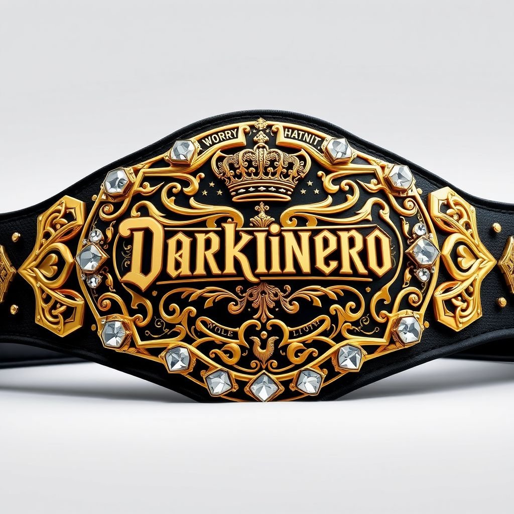A magnificent World Heavyweight Championship wrestling belt, center name "Darkinero," adorned with opulent crown details. Polygonal patrons elegantly encircle the striking design. A soft cloth belt material complements a sleek black strap. An intricate gold plate, realistic art style, features diamond gemstones, phoenix crests, and elaborate champion text design, celebrating victory.