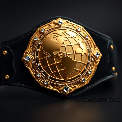 A luxurious wrestling belt, crafted from rich suede, features a striking black strap. An intricate gold plate, elegantly engraved, showcases a globe champion design. Adorned with shimmering diamond gemstones, the plate's unique shape captures attention. Sophisticated realism permeates the composition, highlighting every detail of this prestigious piece of championship gear.