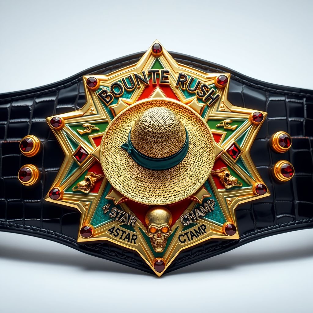 A wrestling belt with alligator skin material, luxurious gold plating. A multicolored star-shaped plate displays a straw hat from "One Piece," centered prominently. Above, “One Piece Bounty Rush” gleams, while below, “4 Star VS Champ iFeedYouLead” shines. Adorned with ruby gemstones, skull crests, and surrealist art motifs, large and bold.