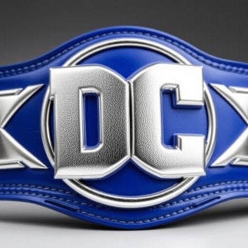 A vibrant wrestling belt featuring a large, bold DC logo, gleaming in metallic silver. The strap, a rich sapphire blue, contrasts beautifully with the shiny emblem. Stitched detailing adds texture, and an adjustable clasp ensures a perfect fit. A blend of athleticism and comic book nostalgia, ideal for collectors and fans alike.