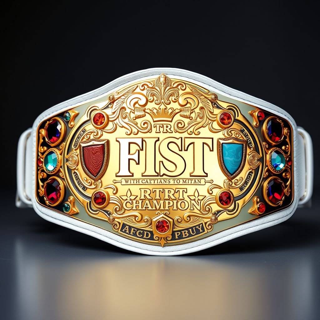 A stunning wrestling belt, delicately crafted from luxurious leather, features a pristine white strap, exuding modern elegance. An oval-shaped gold plate gleams, showcasing a dynamic Fist Champion design. Intricate shield crests and symbols adorn the plate, each embedding colorful agate gemstones, radiating brilliance. Majestic RTR CHAMPION text, reflecting its prestigious status.