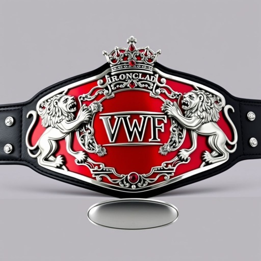 A grand wrestling belt, VWF Ironclad Championship. Center plate adorned with intricate lion motifs, silver accents sparkling against a deep red backdrop. Dual regal lions flanking the plate, crowns perched majestically atop. Elegant leather strap in sleek black, oval-shaped silver plate gleaming, ruby gemstones embedded, symbolizing strength and victory. Extra-large, commanding presence.