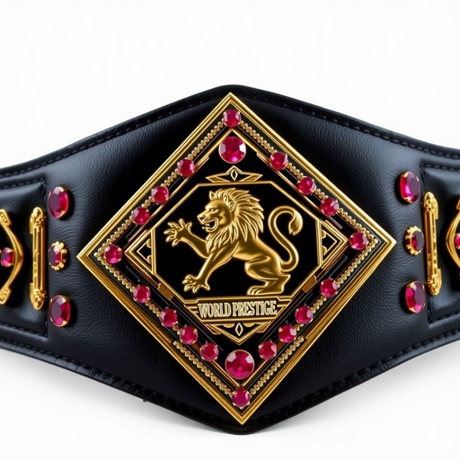 A luxurious wrestling belt named "World Prestige," crafted from supple black leather. The diamond-shaped gold plate features an intricate lion champion design, surrounded by radiant ruby gemstones. The opulence of the materials enhances its allure, with no crests or symbols, offering a sleek, sophisticated appearance that embodies the essence of General Pro Wrestling (GPW).