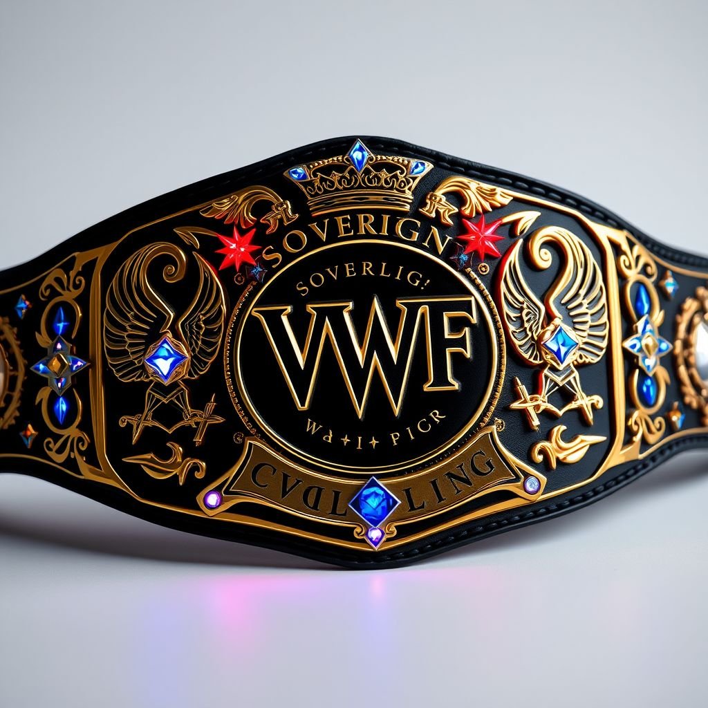 Wrestling belt, VWF Sovereign World Championship, majestic presentation. Extravagant side plates adorned with intricate eagles, vibrant stars, and regal crowns. Opulent main plate, classic elegance, subtle lettering. Rich black leather interlaced with glimmering gold. Dazzling blue, red, white diamonds sparkling. Compass rose motifs, shimmering neon accents, nostalgic 90s flair woven within artistry.