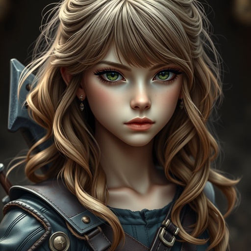 A 17-year-old girl stands poised, sharp eyeliner framing mesmerizing green eyes. Light brown hair cascades in layers, curling slightly, a straight-cut fringe draping across her forehead. Small ears adorned with earrings peek from beneath her cascading locks. Leather armor hugs her slim frame, an ominous aura radiating, crossbow resting at her side.