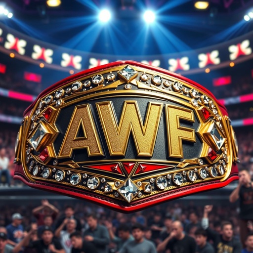 A striking wrestling belt, adorned with a gleaming gold finish. The letters "AWF" embossed in bold, vibrant colors at the center. Leather straps exhibit intricate stitching, a blend of red and black. Surrounding jewels sparkle under bright lights. The backdrop features an arena, vibrant crowds, and a championship atmosphere.