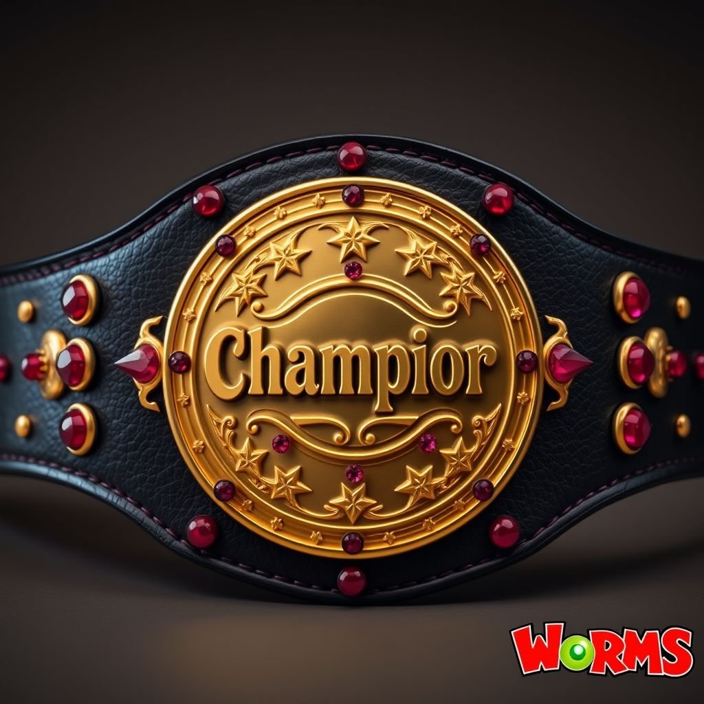 A grand wrestling belt, featuring a circular gold plate adorned with intricate star crests and symbols. The minimalistic design enhances the bold “Champion” text, elegantly embossed. Rich leather strap in deep black contrasts beautifully. Vibrant ruby gemstones gleam, adding opulence. A subtle homage to the iconic Worms video game logo, harmoniously integrated.