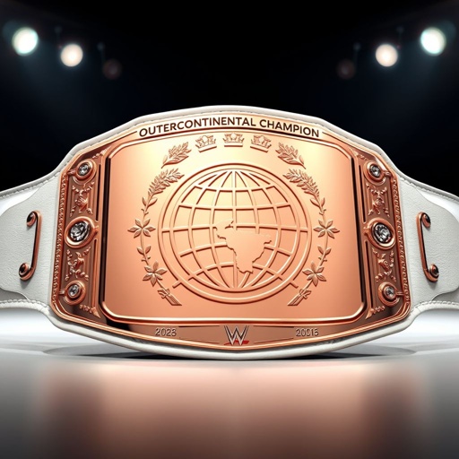 An impressive Outercontinental Champion wrestling belt featuring a smooth white leather strap. A large rectangular plate showcases a polished rose gold finish, gleaming under bright lights. The intricate globe champion design stands out, surrounded by minimalist details. The absence of gemstones or crests emphasizes modern elegance, creating a striking centerpiece for champions.