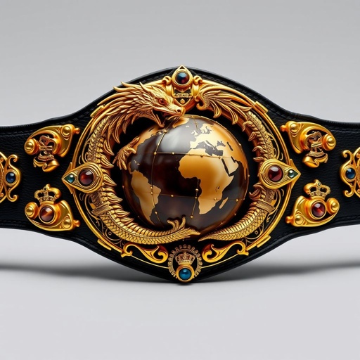 A luxurious wrestling belt crafted from gleaming metal, featuring a captivating gold dragon cradling a detailed globe. The oval plate, adorned with intricate gothic art, showcases agate gemstones shimmering in various hues. A deep black strap complements the radiant gold, embellished with crown crests and symbolic motifs, perfect for champions.