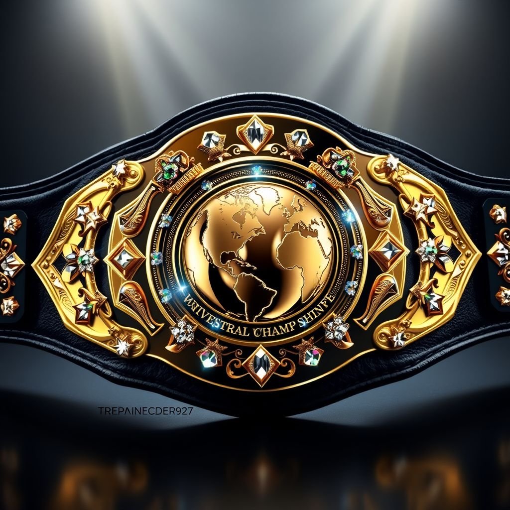 A magnificent wrestling belt, the VWF Universal World Championship. Grand gold surfaces adorned with multicolored gems. Luxurious leather strap, striking black hue. Intricate plate designs resembling iconic titles. Star crests embellishing edges, dazzling diamond gemstones gleaming under lights. Globe champion design at the center, an emblem of victory and prestige. Radiance, opulence, history intertwined.