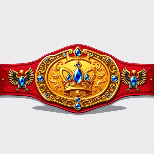 A wrestling belt with intricate craftsmanship, featuring a rich red leather strap, gleaming gold oval plate, and classic design elements. The centerpiece boasts a crown champion motif, adorned with radiant sapphire gemstones. Eagle crests and symbols embellish the edges, embodying strength and victory, all rendered in a playful, cartoonish art style.