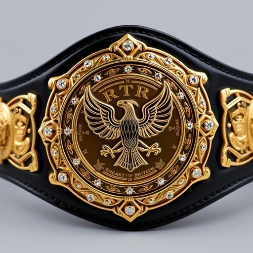 A wrestling belt, RTR Champion, crafted from sleek black leather. A prominent circular plate glistens in gold, featuring intricate engravings. An eagle, symbolizing strength, adorns the center. Sparkling diamond gemstones embedded around the edges. Shield crests and symbolic motifs embellish the sides, showcasing an impressive, large size, radiating prestige and power.
