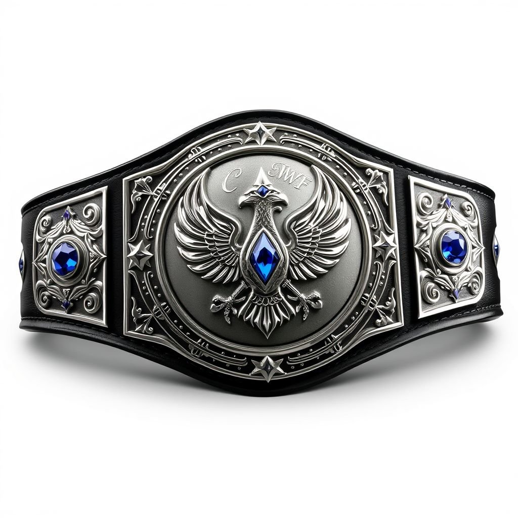 Wrestling Belt, a magnificent, prestigious championship symbol. Luxurious black leather strap, contrasting with a gleaming circular silver plate. Intricate engravings depicting the WWF Winged Eagle design, glistening sapphire gemstones accentuating the centerpiece. Elegantly embellished with star crests, bold symbols, radiating an aura of triumph, excellence, and elite wrestling heritage. Realistic art style.