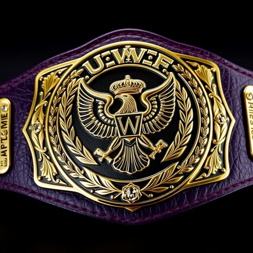 A prestigious wrestling belt, UWF World Heavyweight Championship. Dark purple leather strap, rich and textured. Large main plate, shimmering darker gold. Intricate eagle and laurel motifs embossed elegantly. Vintage aesthetics, ornate plates. Diamond gemstones embedded, capturing light. Grand size, majestic presence. Crown crests and symbols, representing legacy and triumph.