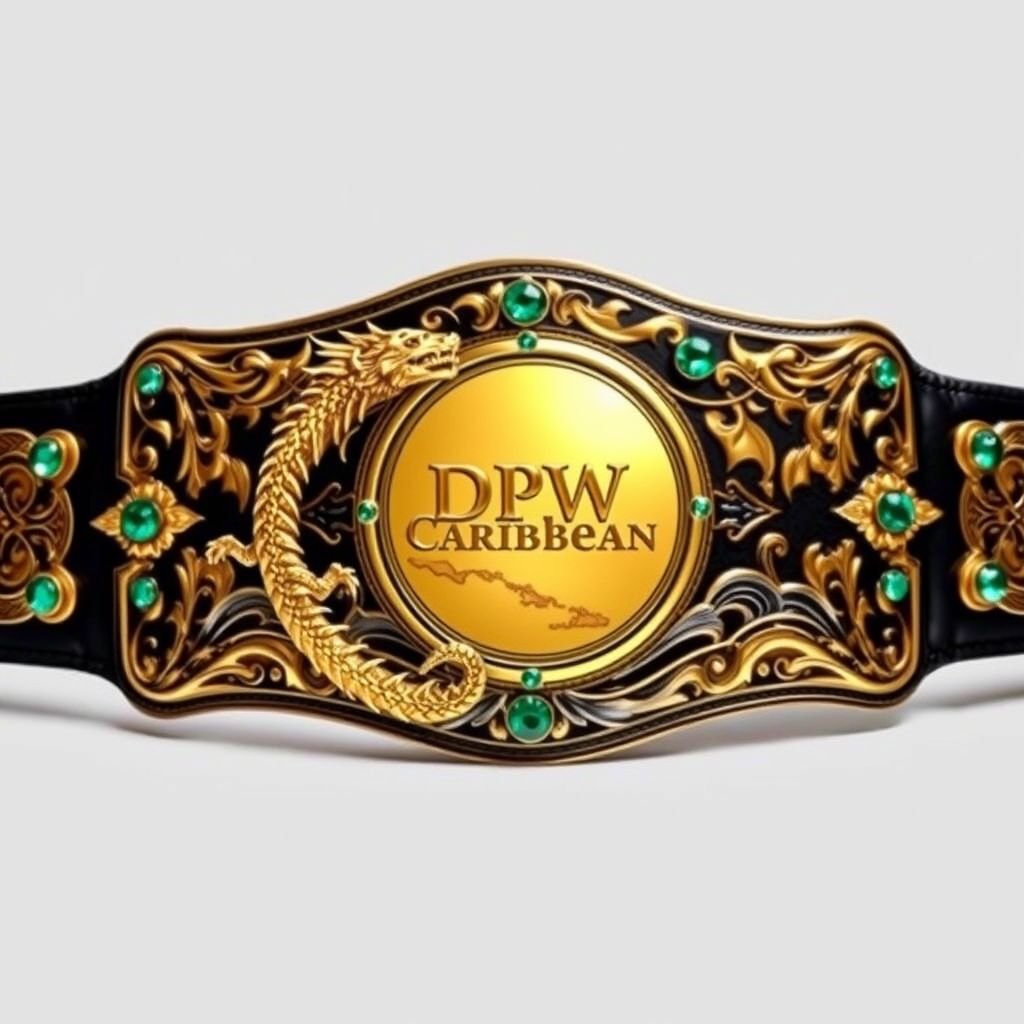 A magnificent wrestling belt featuring a gold dragon intertwined with waves of a Caribbean map. DPW Caribbean text elegantly embossed on a circular gold plate. Edgy, intricate patterns in gothic art style adorn the metal belt material. A sleek black strap contrasts beautifully, adorned with sparkling emerald gemstones that shimmer brightly.