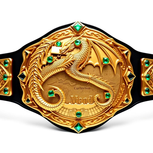 A stunning wrestling belt features a majestic gold dragon entwined around a detailed Caribbean map. The metallic belt shines in lustrous gold, complemented by a sleek black strap. A circular sculpted plate showcases intricate Gothic art, highlighted by sparkling emerald gemstones that add a touch of elegance to this adult-sized masterpiece.