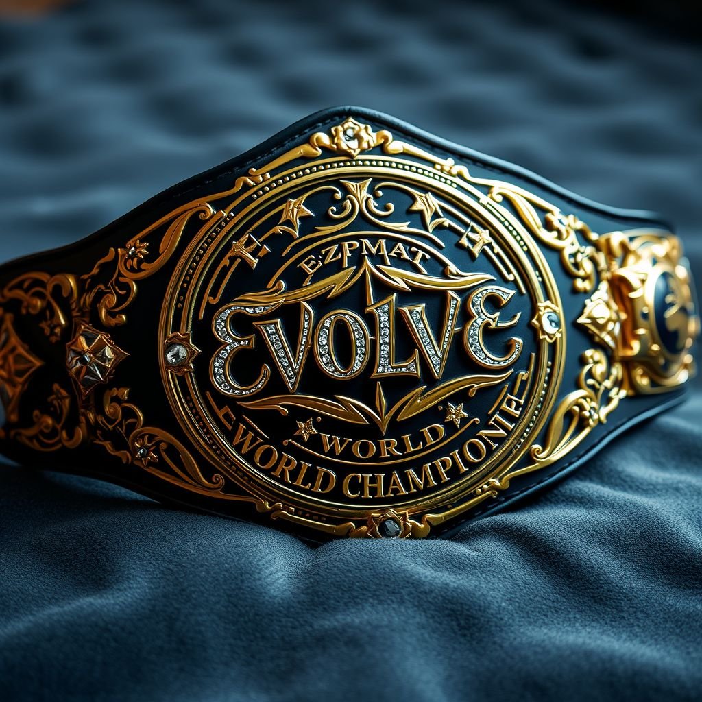 A luxurious wrestling belt rests on a velvet surface. "EVOLVE" emblazoned in intricate gold script atop a vintage circular plate, "World Championship" elegantly displayed beneath. A deep black leather strap contrasts the gleaming gold, adorned with diamond gemstones. Star crests and symbols add regal flair, emphasizing the globe champion design, expertly crafted.