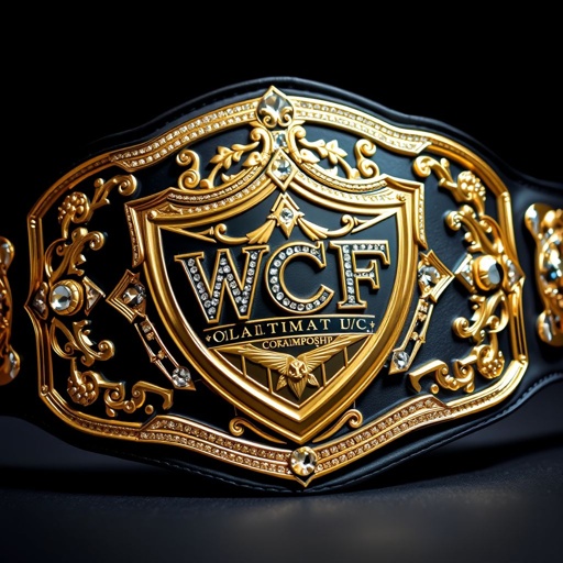 Intricately designed wrestling belt, WCF Ultimate Championship gleaming under light, luxurious black leather strap, smooth and supple, shield-shaped gold plate dominating the center, detailed modern engravings, sparkling diamond gemstones embedded, reflecting brilliance, elegant symmetry, bold lettering announcing the championship, rich textures, vivid colors, sophistication radiating from every element, celebrating athletic excellence.