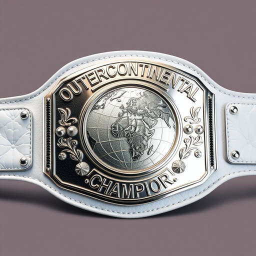 An imposing wrestling belt, proudly labeled “Outercontinental Champion,” showcases a luxurious leather material. The vibrant white strap contrasts against a gleaming silver rectangular plate. A detailed globe design occupies the center, signifying global excellence. Realistic textures enhance the craftsmanship. Bold simplicity prevails, remaining free of gemstones, crests, or symbols, emphasizing strength.