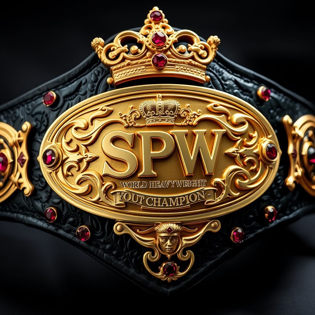 A wrestling belt, SPW World Heavyweight Champion, adorned with an edgy oval gold plate, detailed with intricate crown crests and symbols. A luxurious black leather strap, rich texture contrasted by ruby gemstones set in bold designs, encapsulates youth size. Surrealist art style, dreamlike elements blending fantasy with athletic elegance.