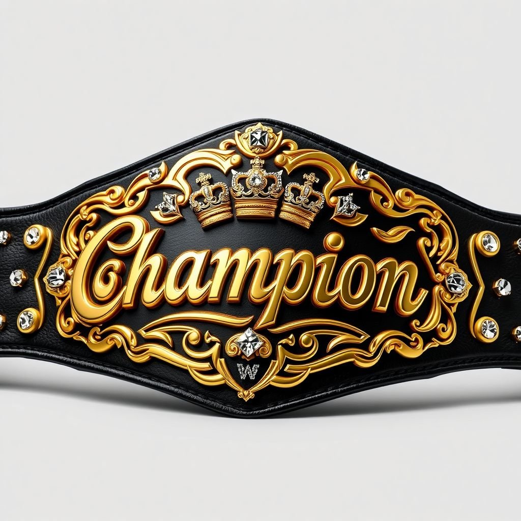 A luxurious wrestling belt featuring a black leather strap, exuding elegance. Sculpted gold plate with intricate curves and edges, showcasing a prominent “Champion” text design. Adorned with sparkling diamond gemstones, this extra-large belt displays majestic crown crests and symbols, reflecting prestige and power in a stunning, realistic art style.