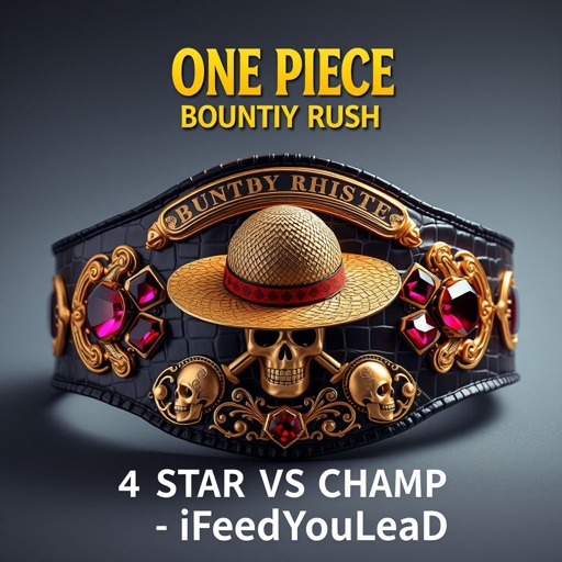 A luxurious alligator skin wrestling belt, gold accents shimmering in light. In the center, a straw hat from “One Piece,” proud and iconic. Above, bold letters proclaim “One Piece Bounty Rush.” Below, the name “4 Star VS Champ iFeedYouLead.” Surrealistic elements intertwine with ruby gemstones and skull crests adorning multicolored plates.