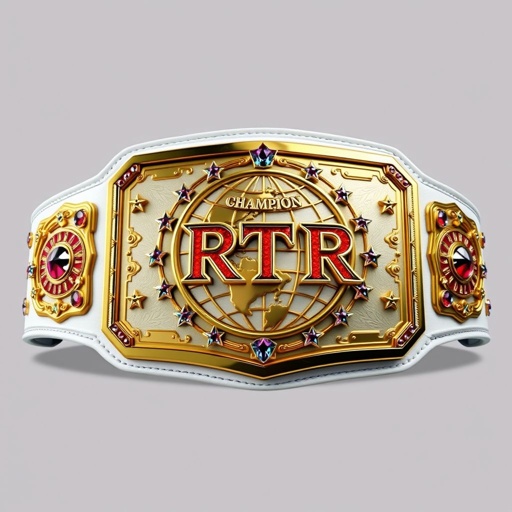 A striking wrestling belt, the RTR Outercontinental Champion title, crafted from luxurious leather. A pristine white strap contrasts with a gleaming gold rectangular plate. Detailed globe champion design adorned with vibrant crystal gemstones. Large in size, adorned with intricate star crests and symbols, exuding power and prestige in a realistic art style.