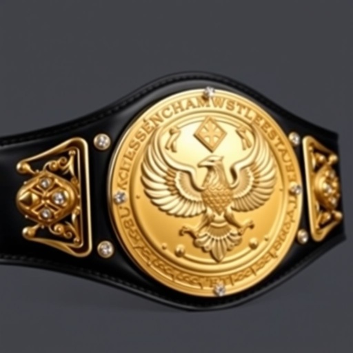 A heavyweight wrestling belt rests prominently, its luxurious black leather strap elegantly contrasting with a stunning circular gold plate. The plate, engraved with intricate eagle champion designs, shines brilliantly, adorned with sparkling diamond gemstones. Bold and large, the RTR Champion belt emanates an aura of triumph and strength, reflecting realism in every detail.