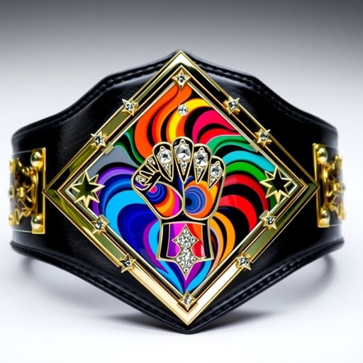 A striking wrestling belt, emblematic of VCW's Light Heavyweight Champion. A robust leather foundation, glossy black strap. The centerpiece showcases a diamond plate shape, adorned with a vibrant swirl of colors reflecting abstract art. A fist design signifies strength, embellished with glimmering diamonds. Surrounding star crests and intricate symbols, evoking legacy.