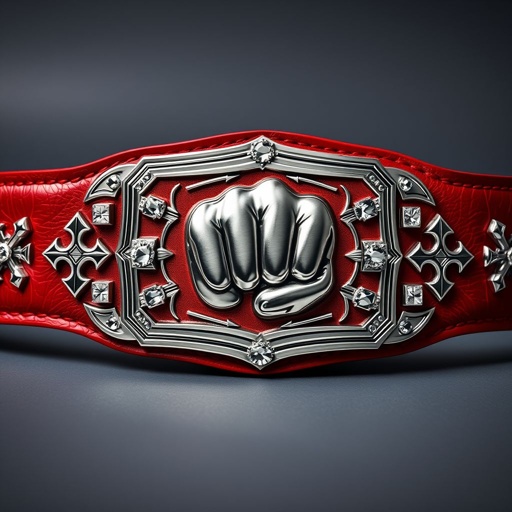 A detailed wrestling belt featuring luxurious leather material. A vibrant red strap adorned with a rectangular silver plate, intricately designed with a fist champion motif. Surrounding cubic zirconia gemstones glimmer alongside adorned cross crests and symbols, capturing an anime art style. Youth size, embodying a sense of victory and elegance.