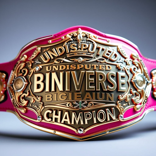 A grand wrestling belt showcasing the title "UNDISPUTED BINIVERSE CHAMPION." Gleaming metal plate adorned with intricate designs, accented by a vibrant pink strap. Bold "Champion" text displayed prominently. Large size, featuring ornate crown crests and distinct symbols. Sparkling gems embedded within the metal, radiating power and prestige. An iconic masterpiece.