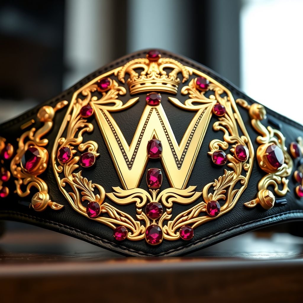 A wrestling championship belt, crafted from luxurious black leather. Classic, shield-shaped plate featuring an intricate gold finish. Adorned with sparkling ruby gemstones, reflecting light. Crown crests and symbols embellishing the design, exuding power and prestige. A stunning, large belt representing triumph, honor, and the glory of a globe champion.