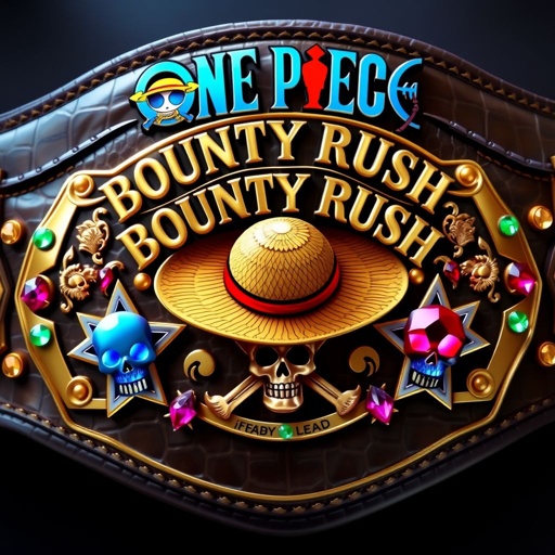 A luxurious wrestling belt, alligator skin material, gleaming gold accents. Centered, a vibrant straw hat, iconic from “One Piece.” Above, bold letters spell “One Piece Bounty Rush.” Below, “4 Star VS Champ iFeedYouLead.” Star-shaped plates adorned in multicolor gemstones, intricate skull crests and symbols, radiant ruby embellishments. Realistic art style.