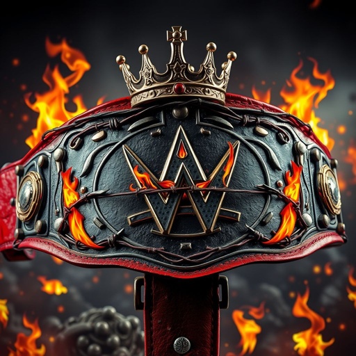 A wrestling belt adorned with edgy plate designs, its leather material dark and worn. Jagged barb wire entwines the center, fiercely juxtaposed with flickering flames surrounding the belt. A regal crown rests atop, glinting menacingly. The red strap, vibrant yet battle-scarred, anchors this fierce symbol of triumph amidst a chaotic warzone backdrop.