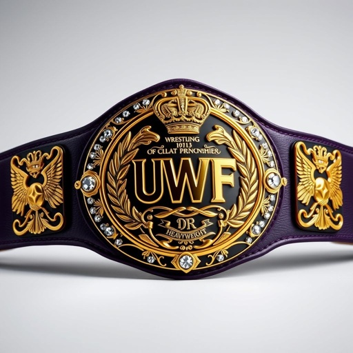 A grand UWF World Heavyweight Championship wrestling belt display. Dark purple leather strap wraps elegantly around sparkling diamond gemstones. Ornate darker gold side plates, four on each side, shimmer with intricate eagle and laurel motifs. The main oval plate, lavishly polished gold, features bold crown crests and regal symbols, exuding vintage elegance.
