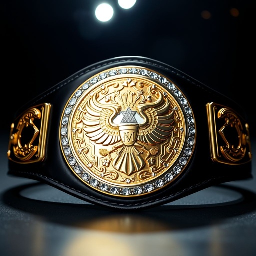 A majestic wrestling belt, RTR Champion embossed, crafted from luxurious leather. The black strap glistens under bright lights, showcasing an opulent circular gold plate. An intricately engraved eagle design dominates the center, surrounded by sparkling diamond gemstones. Extra-large dimensions emphasize its grandeur, devoid of any crests or symbols, pure elegance.