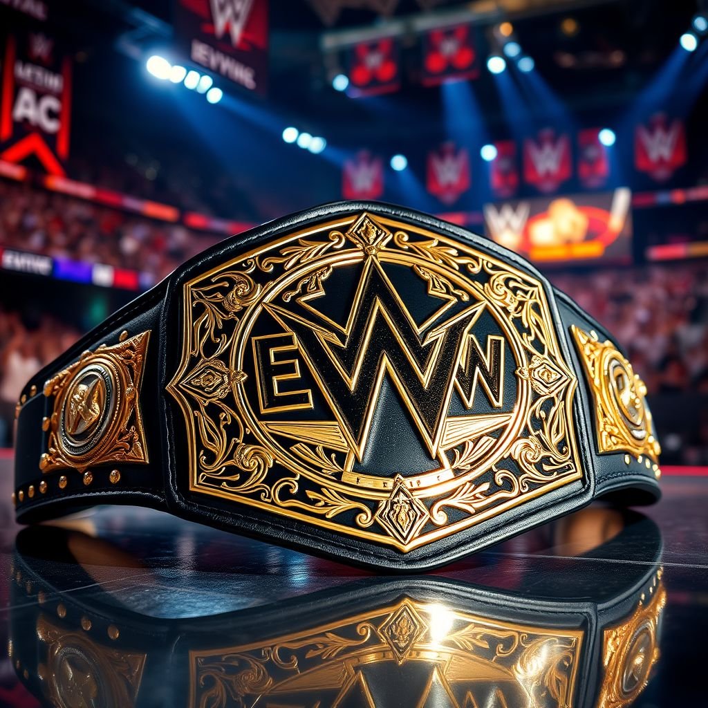 A gleaming wrestling belt adorned with intricate gold detailing, featuring the iconic EWWW logo at its center. Rich black leather straps woven with silver studs, a shimmering championship medallion showcasing athletic prowess. Brilliant lights reflecting from polished surfaces, an arena backdrop filled with cheering fans, vibrant banners, and intense energy permeating the atmosphere.