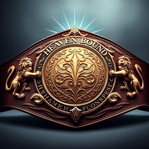 A majestic wrestling belt, labeled "Heaven Bound Championship," adorned with a radiant halo. Leather belt material, rich and textured, supports an intricately engraved rose gold circular plate. Elegant lion crests flank the design, symbolizing strength and valor. The realistic art style captures every detail, showcasing the belt's large, impressive size.