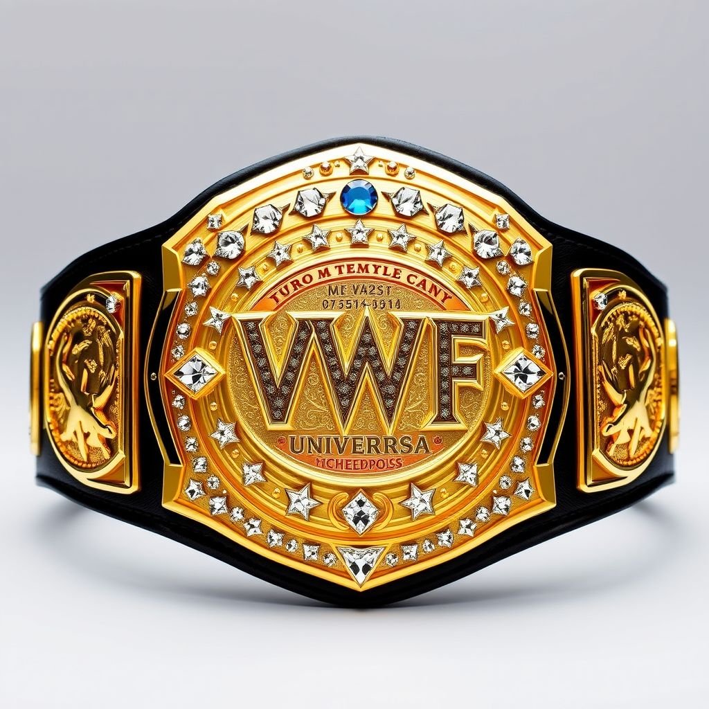 A majestic wrestling belt, VWF Universal World Championship, gleaming gold, inspired by the greatest titles. Intricate plate design, luxurious finish, diamond gemstones sparkling in multicolored hues of blue, red, white, and yellow. A field of white stars atop the main plate, flanked by side plates, adorned with wrestler symbols, a black leather strap holding history.